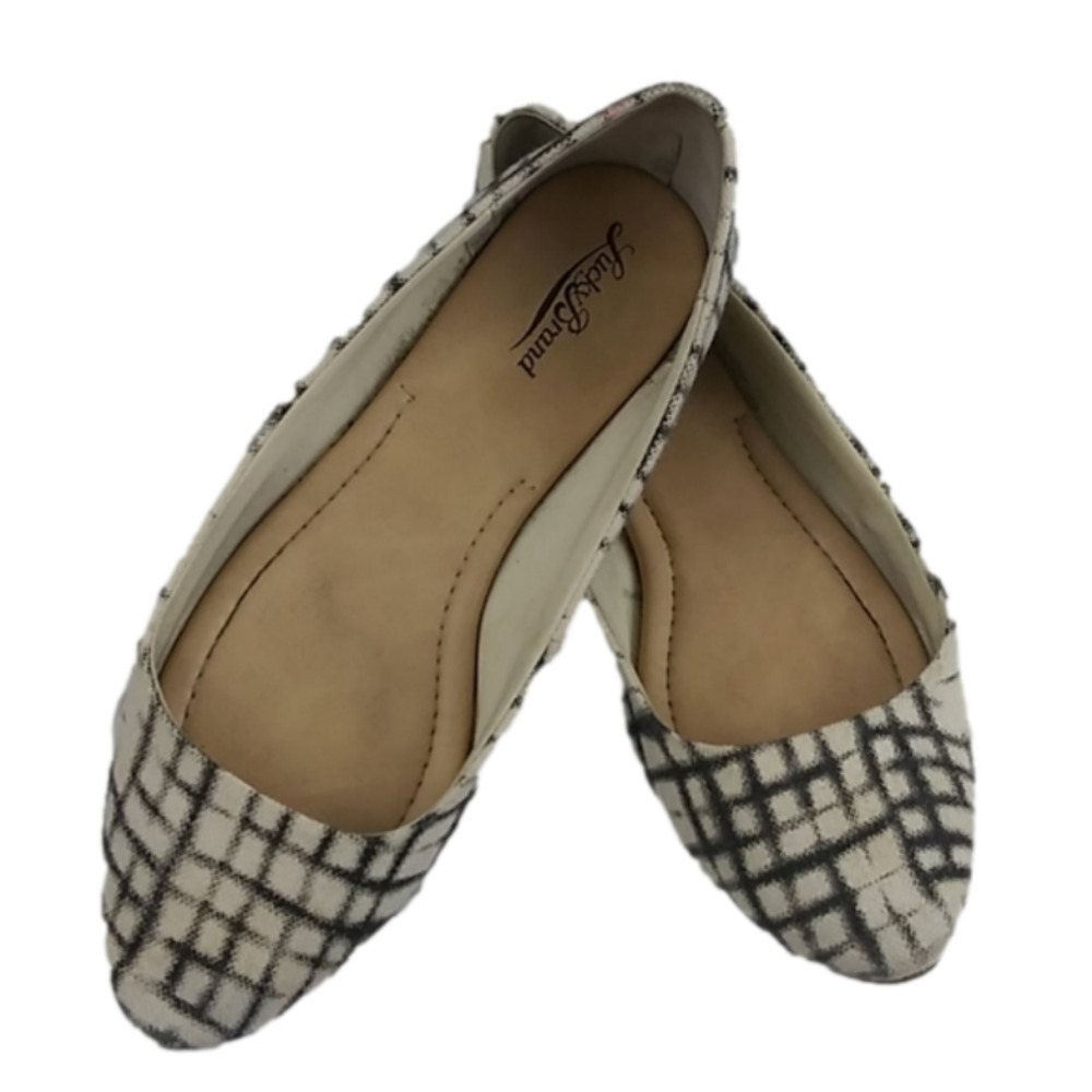 Lucky Brand Tan Black Tan Checkered Fabric Upper Almond Toe Slip On Flat Shoe